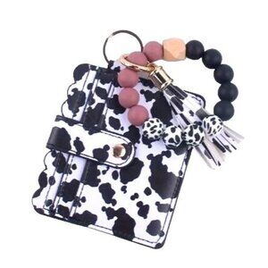 Cow Print ID & Card Holder With‎ Rust Accent Beads , Wristlet, Purse, Wallet NEW